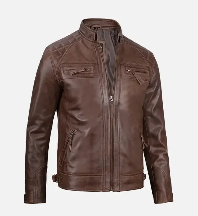 Men’s Sheepskin Quilted Shoulder Brown Café Racer Leather Jacket