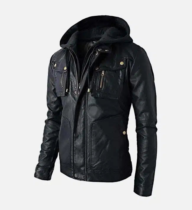 Men’s Sheepskin Detachable Hoodie Black Biker Leather Jacket
