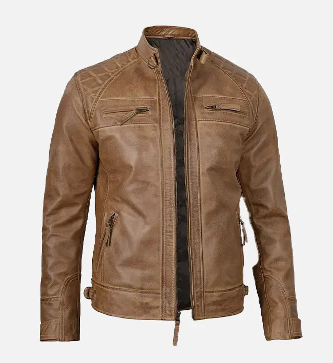 Men’s Sheepskin Café Racer Camel Brown Leather Jacket