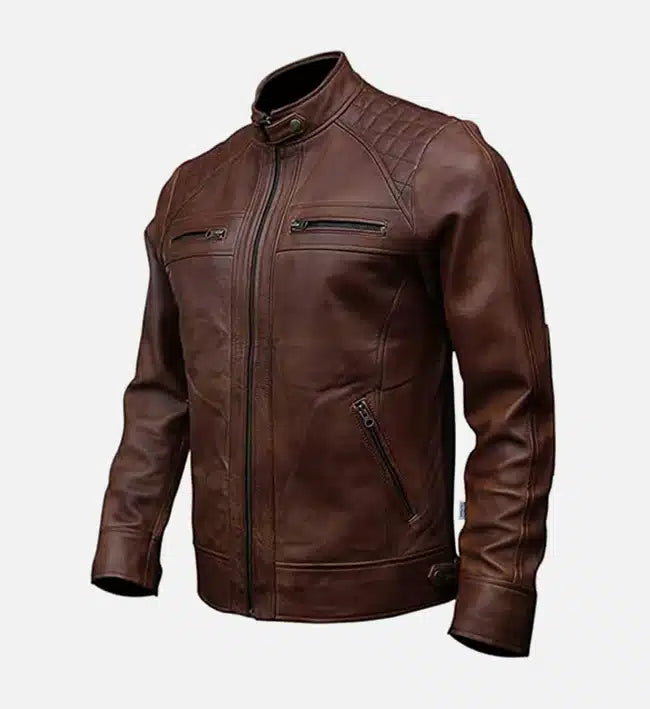 Men’s Genuine Sheepskin Brown Moto Biker Leather Jacket