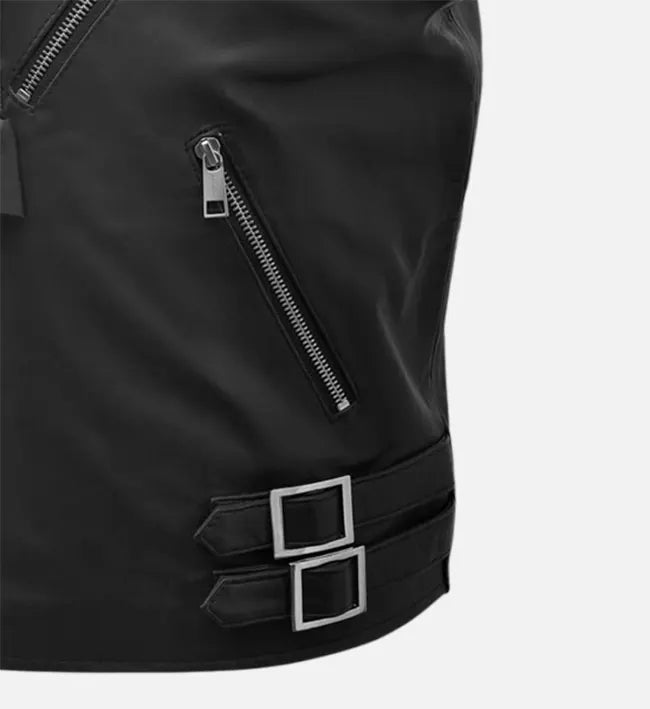 Men’s Black Sheepskin Leather Hooded Vest with Belted Waist
