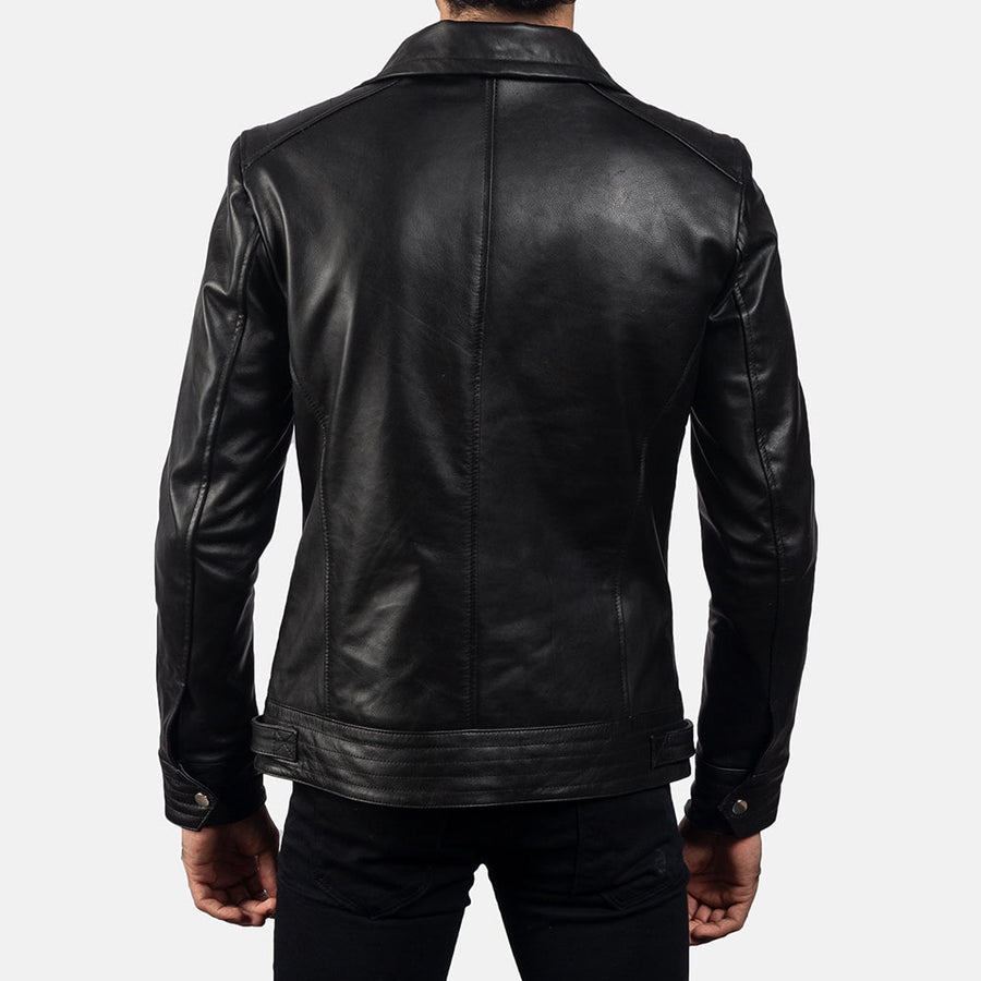 Black High-Neck Genuine Cowhide Leather Jacket For Men