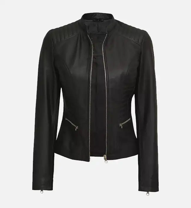 Women’s Sheepskin Leather Café Racer Jacket – Black with Quilted Detailing