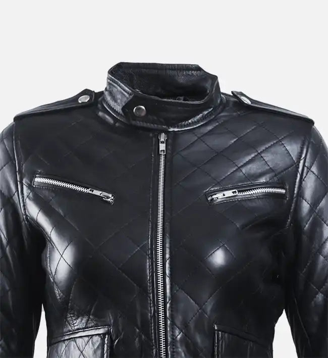 Women’s Sheepskin Leather Puffer Jacket – Black & White Quilted Design