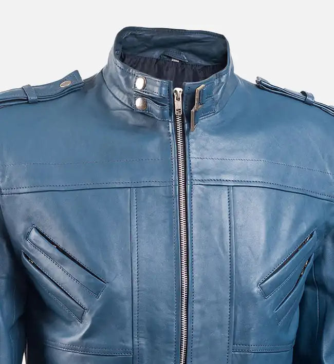 Men’s Sheepskin Band Collar Blue Bomber Leather Jacket