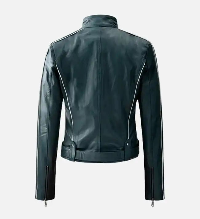 Women’s Prussian Blue Sheepskin Leather Jacket with White Stripes