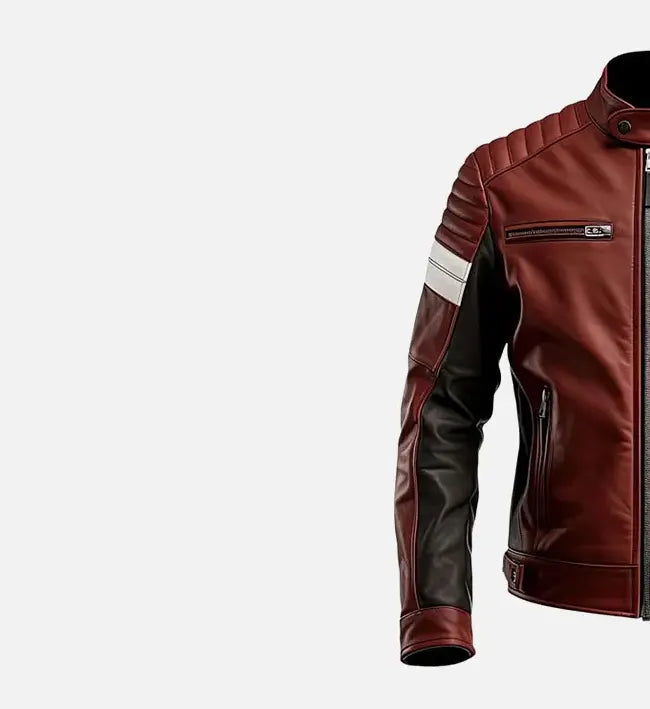 Men’s Sheepskin Leather Jacket – Maroon & Brown with Quilted Shoulders and White Stripes