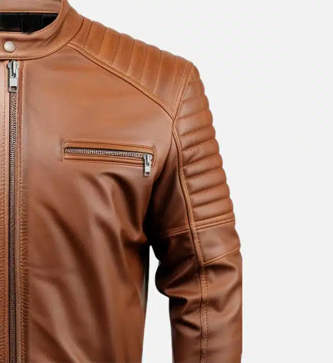 Men’s Sheepskin Leather Biker Jacket – Brown with Quilted Shoulder Detailing