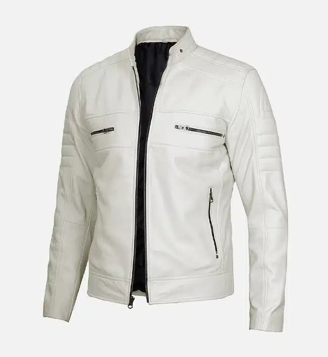 Men’s Sheepskin Leather Café Racer Jacket – White with Padded Shoulders and Black Zippers