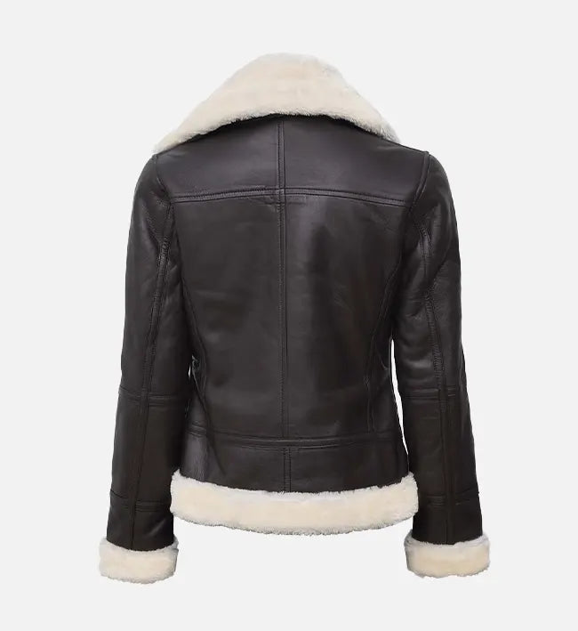 Women’s Sheepskin Leather Aviator Jacket – Black with White Faux Shearling
