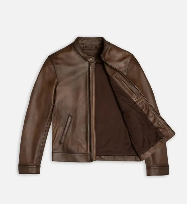 Genuine Sheepskin Leather Biker Jacket – Brown & Tan Brown with Streamlined Pattern Detailing