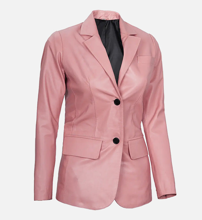 Women’s Pink Sheepskin Leather Blazer Jacket with Contrast Black Buttons