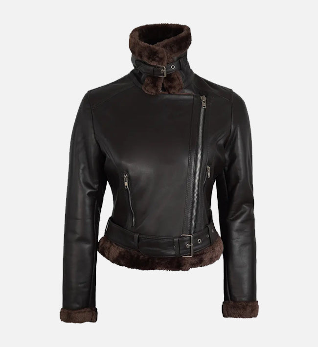 Women’s Black & Brown Shearling Leather Biker Jacket with Asymmetrical Zipper