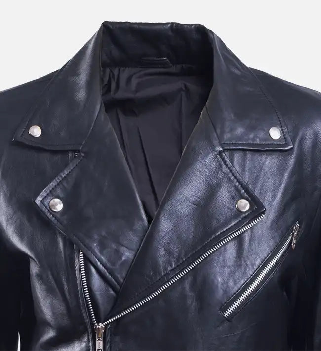 Men’s Sheepskin Leather Biker Jacket – Black & Brown with Asymmetrical Zipper