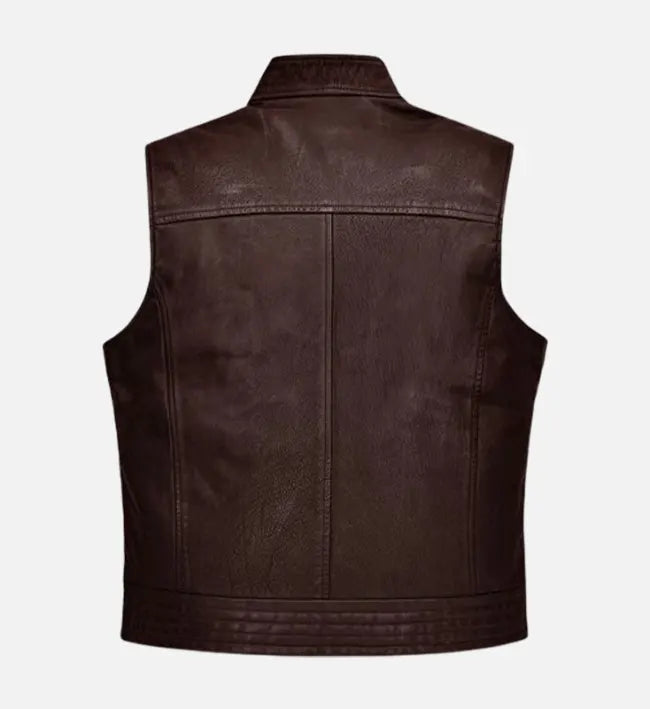 Men’s Sheepskin Leather Vest – Brown with Stand-Up Button Collar