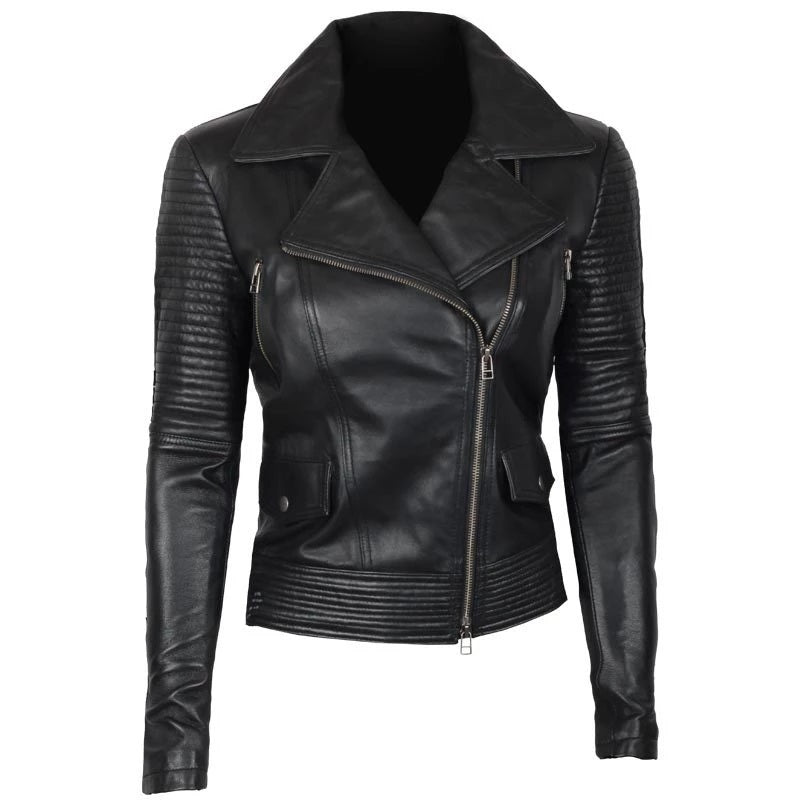 Women's Luxury Lambskin Leather Jacket - Classic Biker Style, Asymmetrical Zip Closure - Tailored Fit, Soft and Supple Genuine Leather