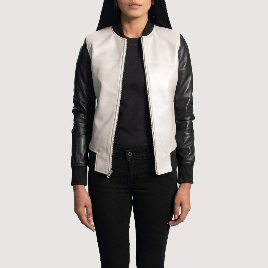 Women’s Sheepskin Leather Varsity Jacket – Silver & Black