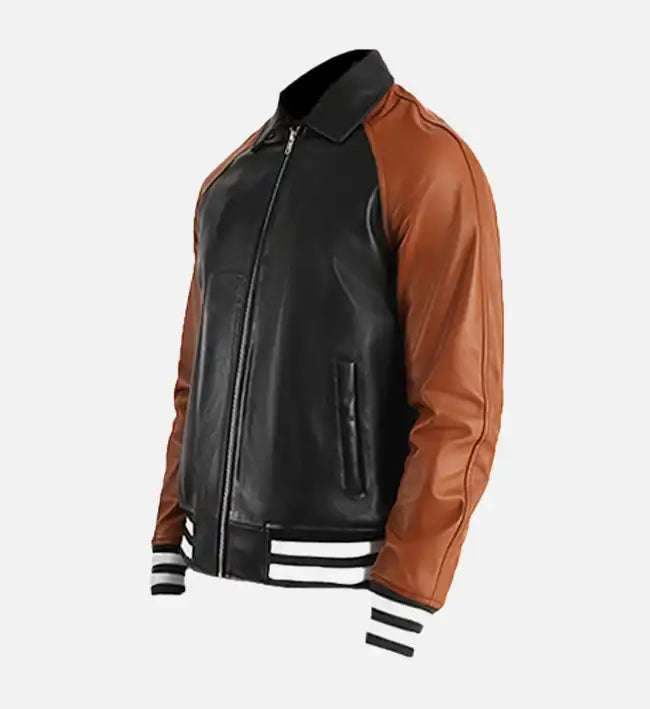 Men’s Sheepskin Leather Bomber Varsity Jacket – with Ribbed Hemline
