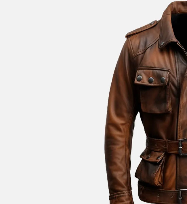 Men’s Military-Style Sheepskin Leather Jacket – Vintage Brown