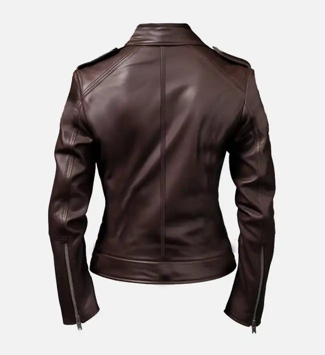 Women’s Dark Brown Sheepskin Leather Biker Jacket with Belted Waist