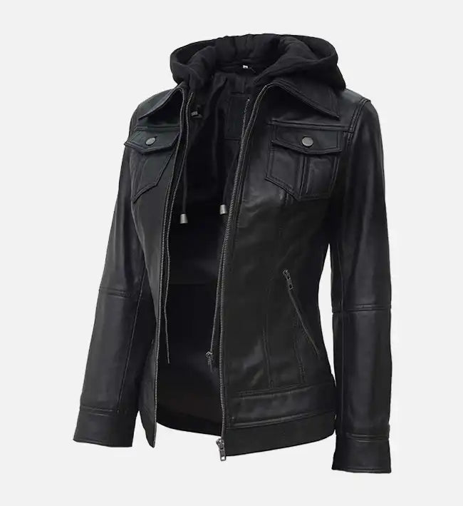 Women’s Sheepskin Leather Jacket – Black with Removable Hood
