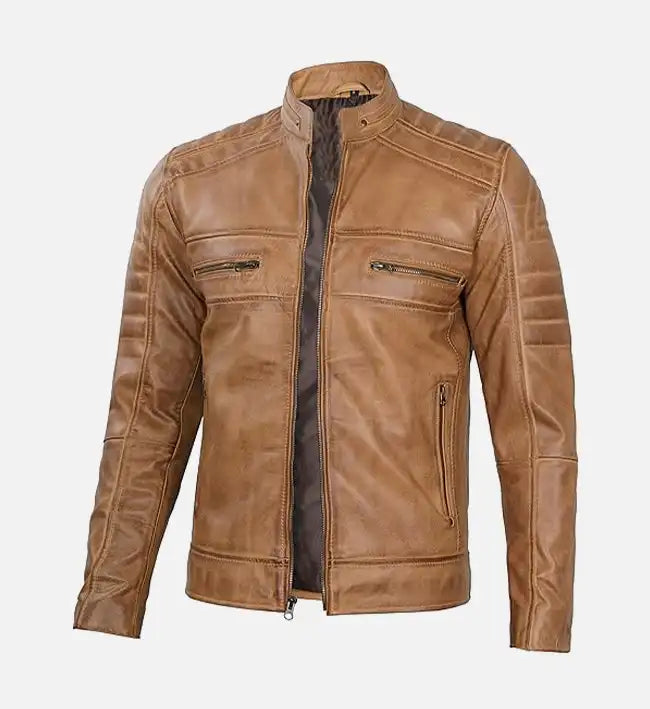 Men’s Sheepskin Leather Bomber Jacket – Tan Rust Brown with Quilted Detailing