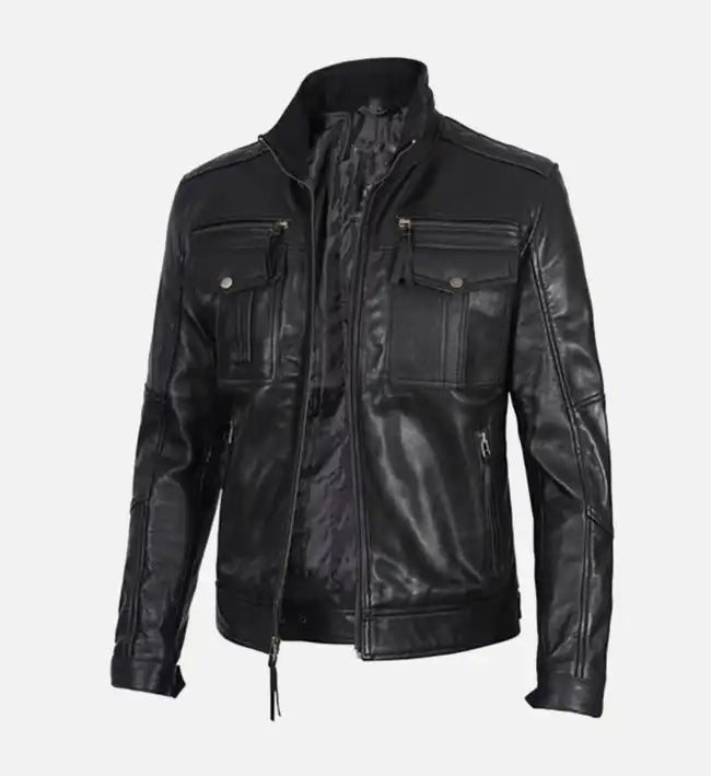Men’s Sheepskin Real Leather Biker Jacket – Black with Sleek Minimalist Design