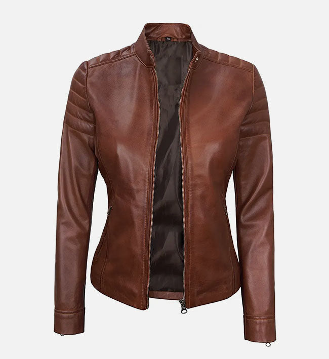 Women’s Sheepskin Café Racer Brown Padded Leather Jacket