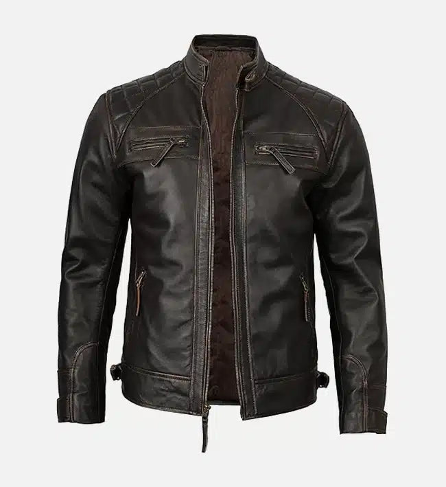 Men’s Sheepskin Leather Bomber Jacket – Brown with Diamond Quilted Shoulders