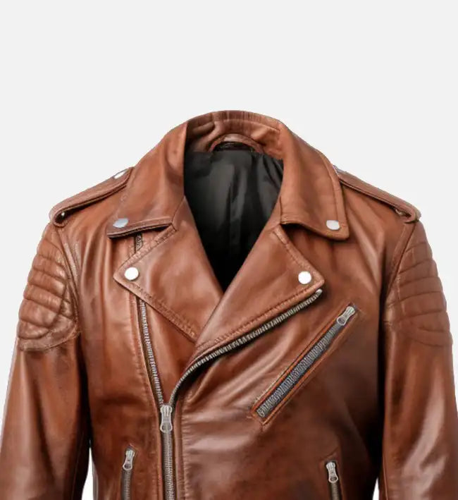 Men’s Sheepskin Leather Biker Jacket – Brown with Asymmetrical Front and Quilted Shoulders