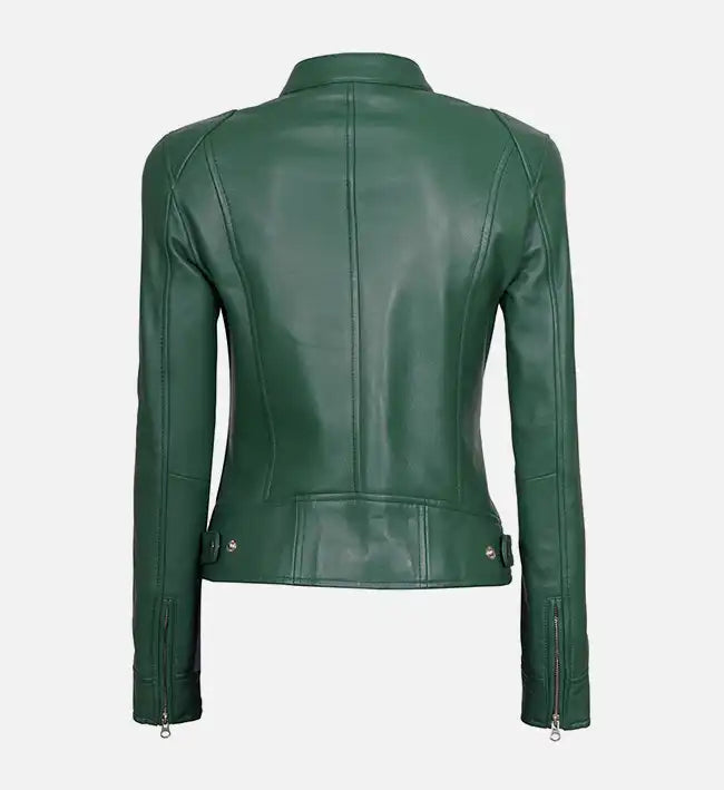 Women’s Sheepskin Dodge Green Café Racer Leather Jacket