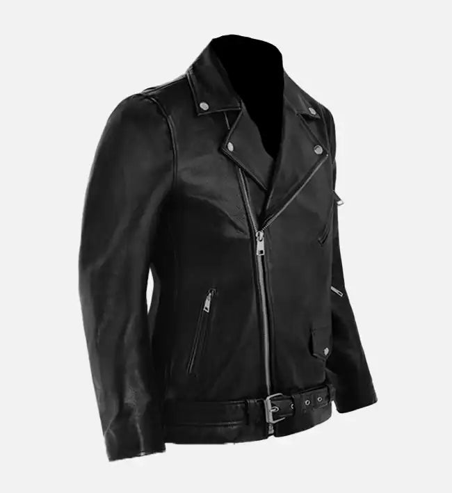 Men’s Black Sheepskin Leather Biker Jacket with Belted Waist
