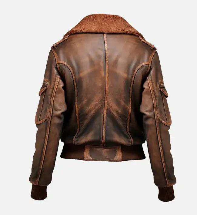 Women’s Sheepskin Leather Bomber Jacket – Brown with Faux-Fur Collar