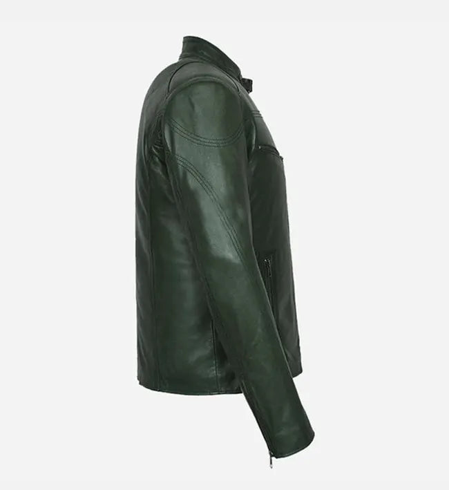 Men’s Sheepskin Genuine Leather Jacket – Dark Green Biker Style