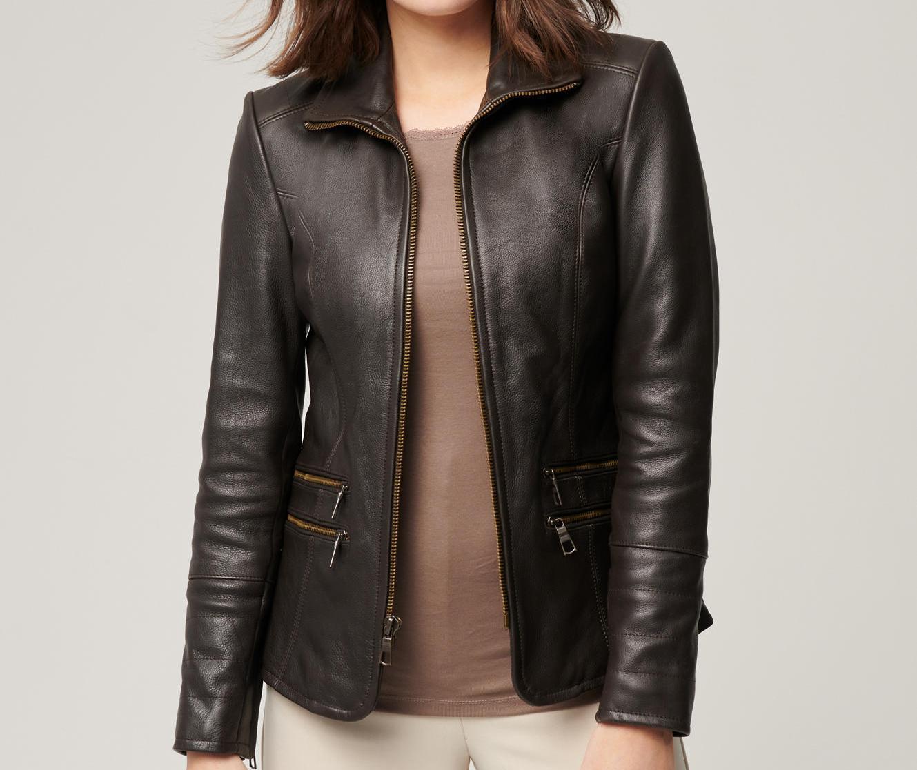 Women Unique Style Real Leather Jacket, Female's Classic Leather Moto Racer Jacket - Business Style Jacket