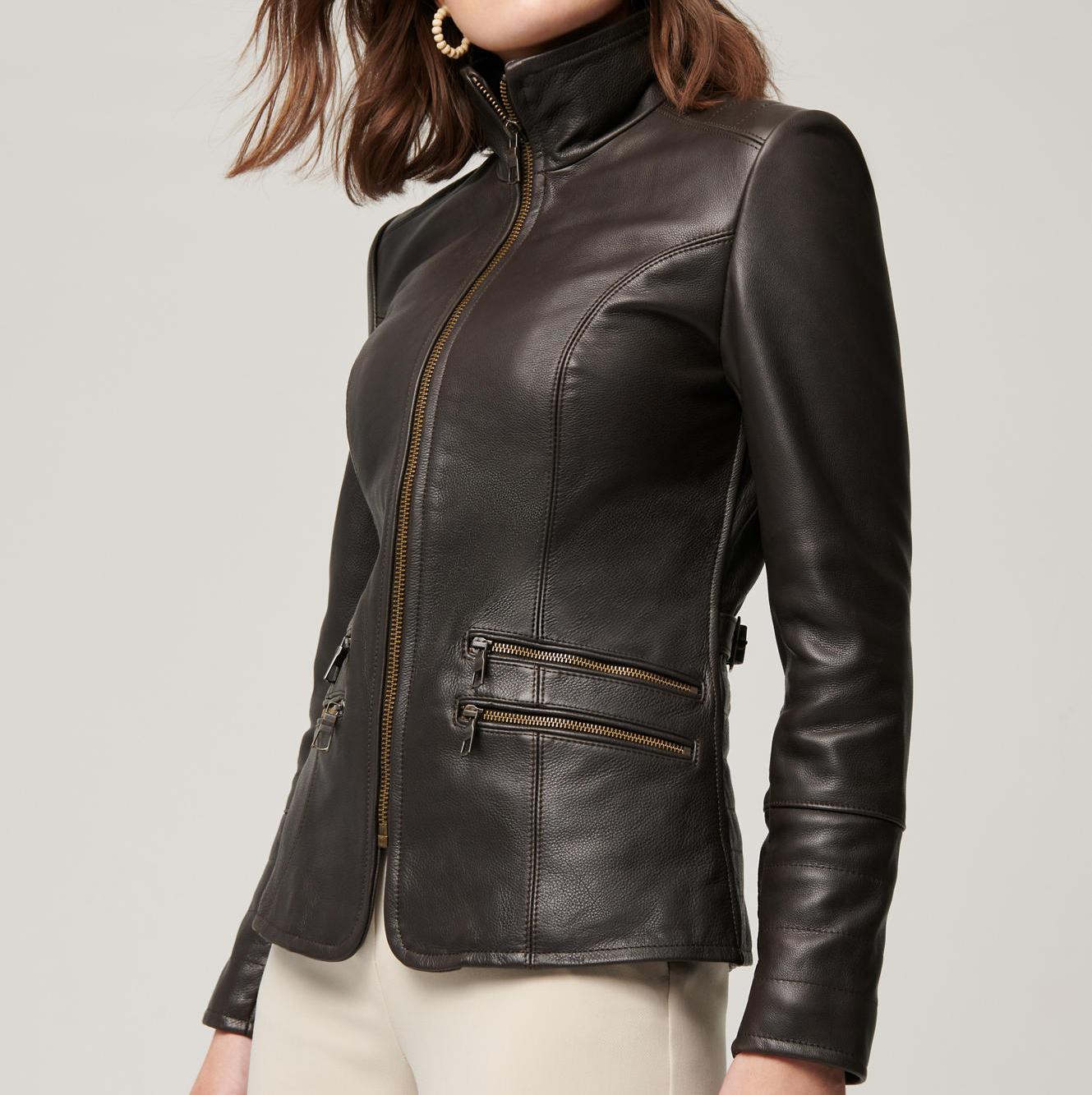 Women Unique Style Real Leather Jacket, Female's Classic Leather Moto Racer Jacket - Business Style Jacket
