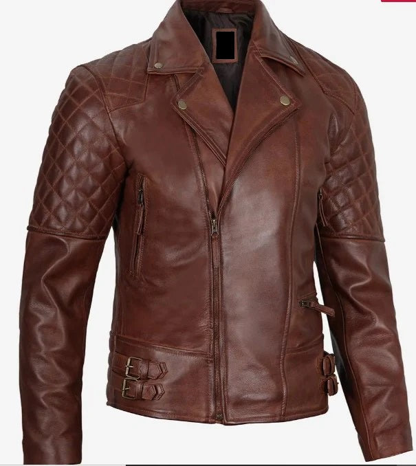 Men's Cafe Racer Leather Jacket - Retro Style Asymmetrical Moto Quilted Shoulder Leather Jacket