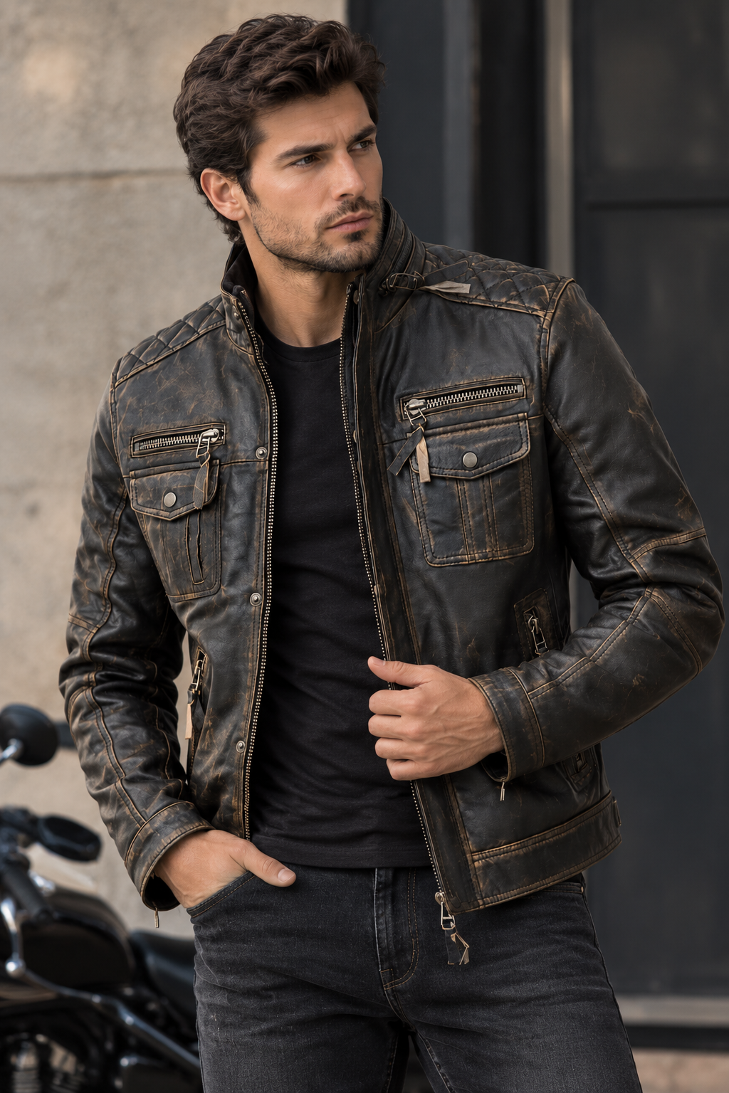 Front view of the Men's Distressed Genuine Leather Biker Jacket Moto Style.