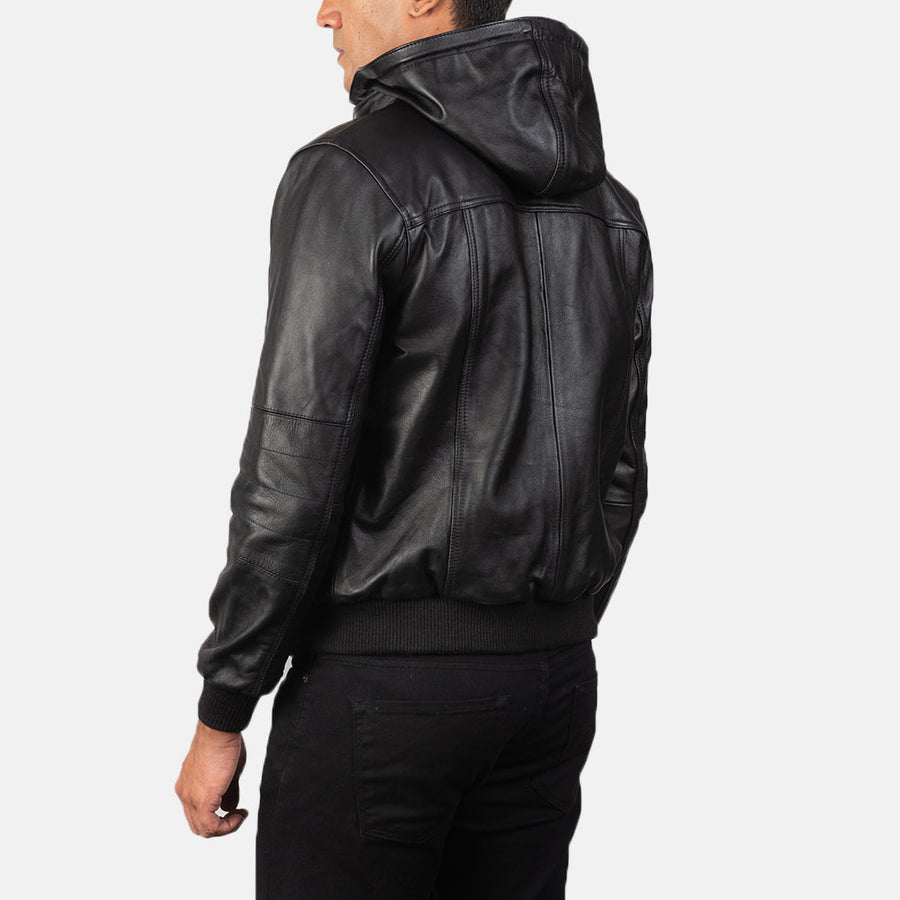 Men’s Hooded Genuine Cowhide Leather Jacket – Rib Knit Finish
