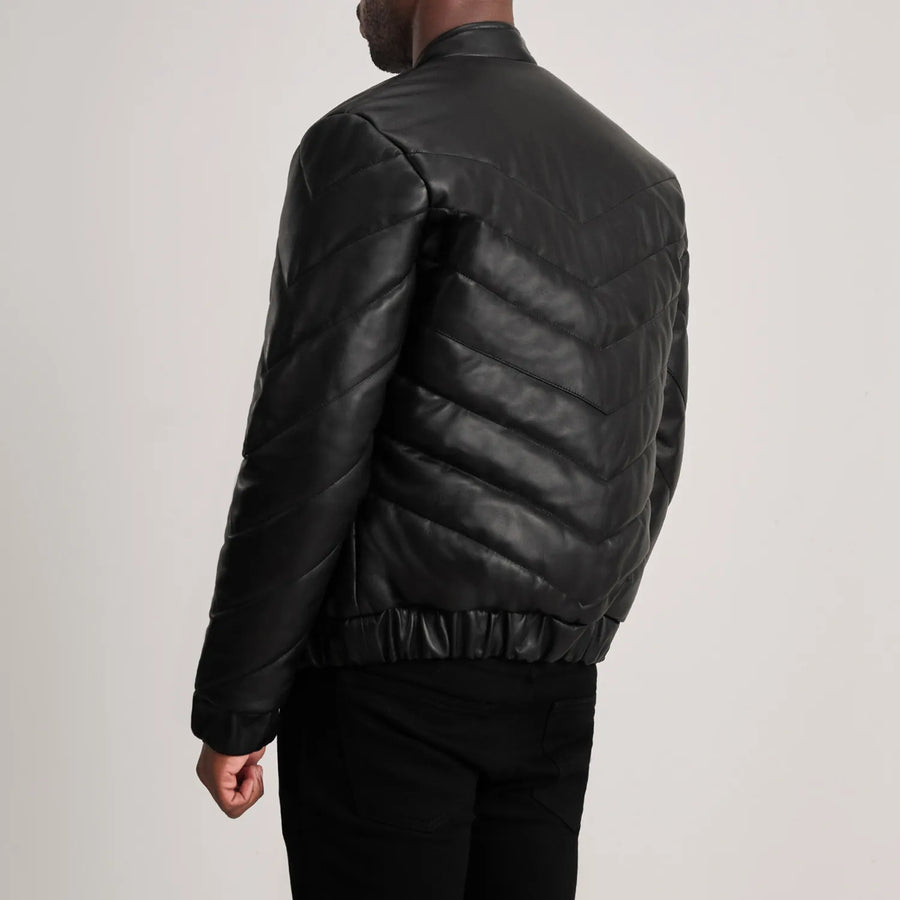 Men’s Sheepskin Real Leather Quilted Puffer Jacket with Band Collor