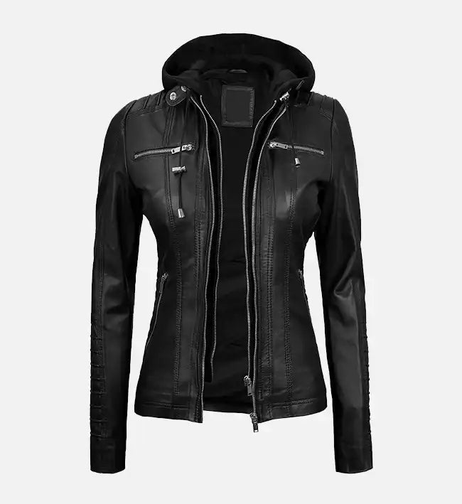 Women’s Sheepskin Leather Jacket – Black with Quilted Shoulders & Removable Hood