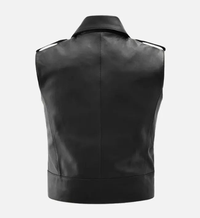 Men’s Black Sheepskin Leather Vest with Asymmetrical Zipper & Silver Hardware