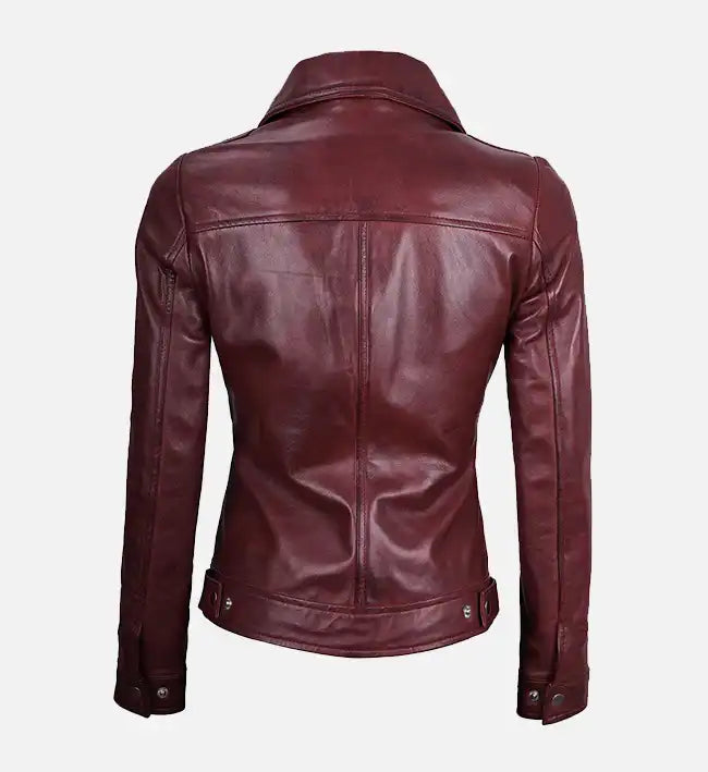 Women’s Sheepskin Leather Jacket – Maroon with Shirt-Style Collar