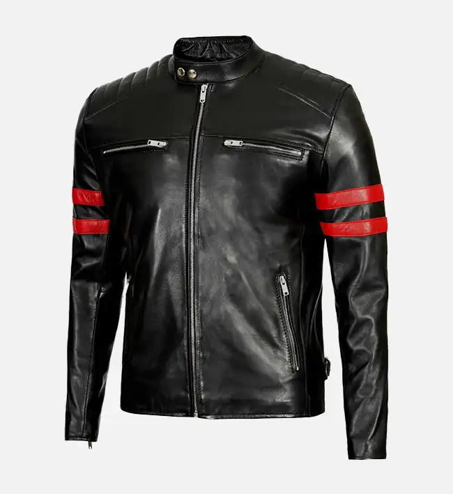 Men’s Sheepskin Red Stripes Black Biker Leather Jacket