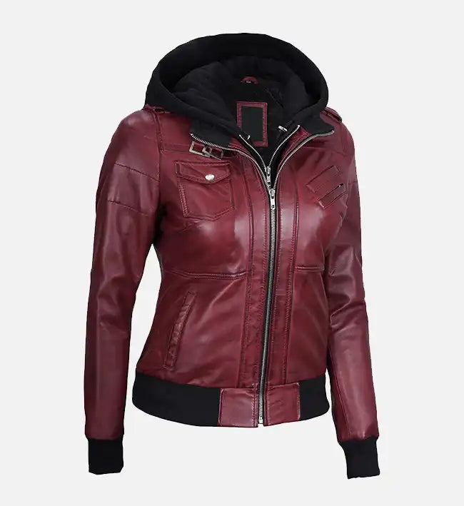Women’s Sheepskin Leather Bomber Jacket – Maroon with Detachable Hood