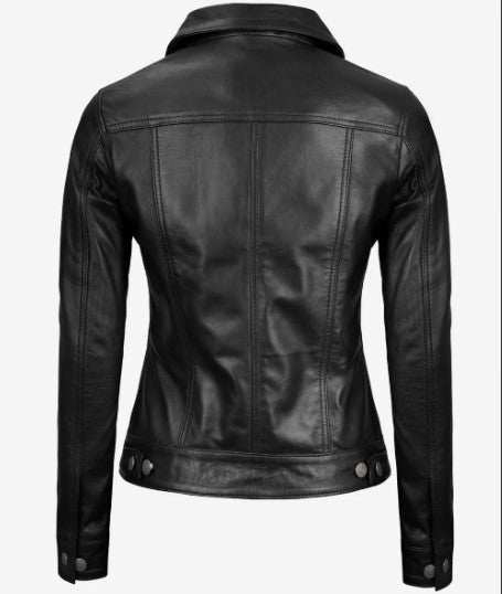Women Four-Pocket Trucker Leather Jacket, Female's Classic Shirt Style Real Lambskin Leather Jacket