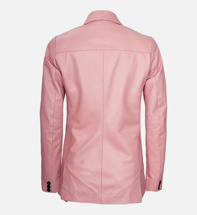 Women’s Pink Sheepskin Leather Blazer Jacket with Contrast Black Buttons