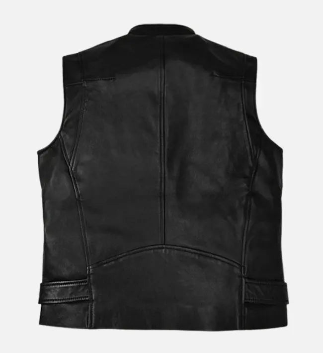 Men’s Black Sheepskin Leather Vest with Asymmetrical Zipper & Quilted Panels
