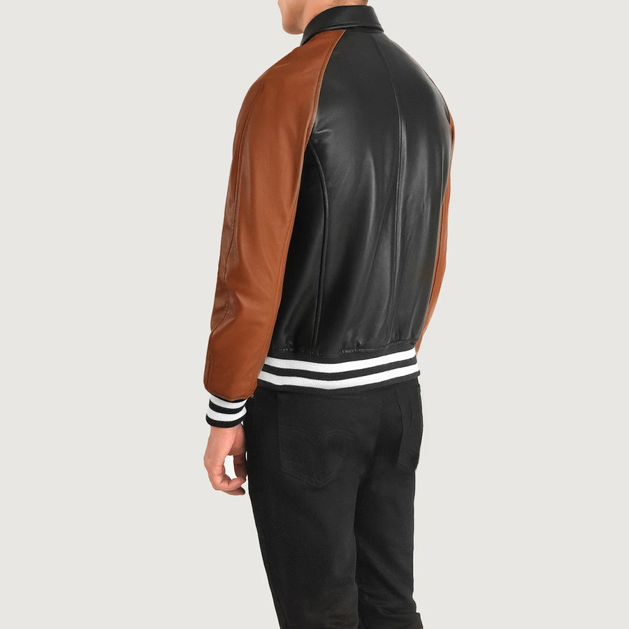 Men’s Varsity Leather Jacket – Real Sheepskin Semi-Aniline Bomber with Rib Knit Cuffs