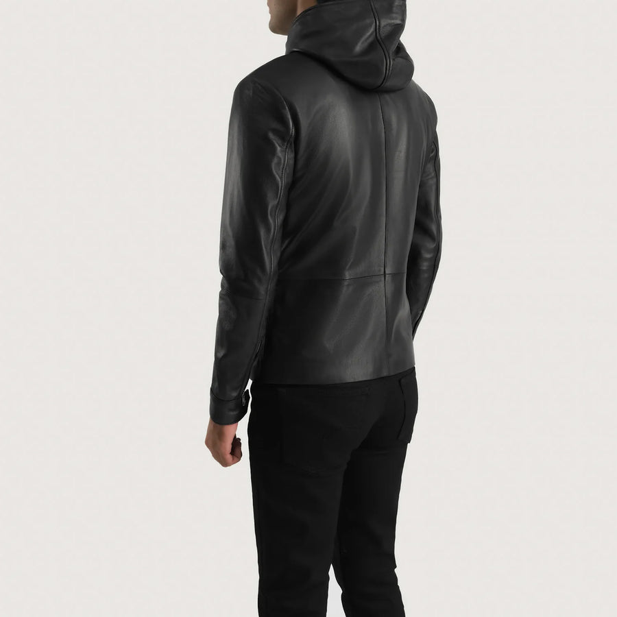 Men’s Sheepskin Genuine Leather Hooded Jacket – Matte Black
